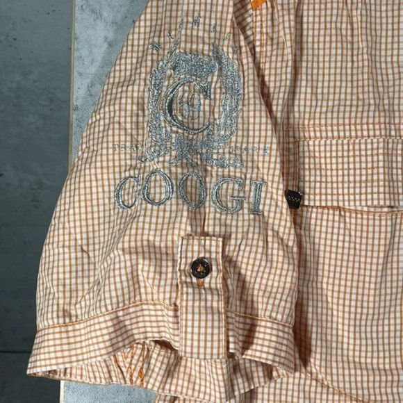 COOGI Mens Short Sleeve Button Up Shirt Orange‎ Check Embroidered Emblem Size M - Picture 2 of 10
